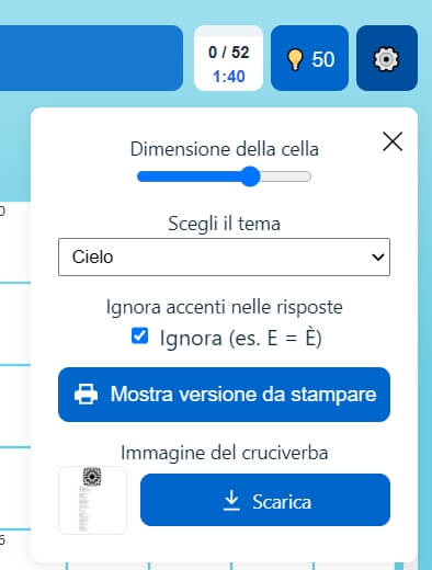 Pannello delle impostazioni con dimensione delle caselle, tema e opzione per gli accenti